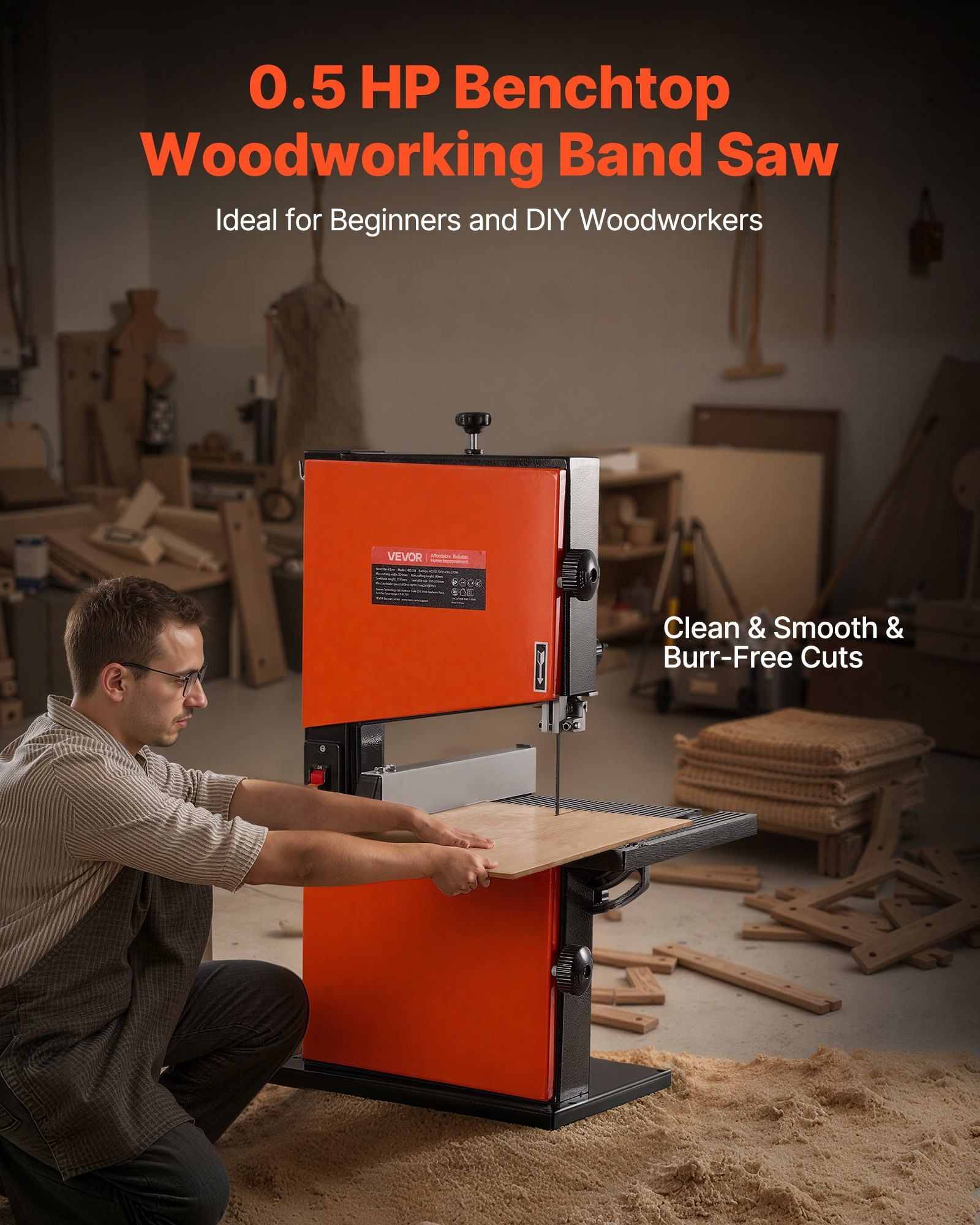Band Saw, 9-Inch, Woodworking Benchtop Bandsaw with 1/2 HP Motor, 3.5-Inch Max Cutting Height, 11.8 x 11.8 in Cast Aluminum Table, 0-45° Tilting Range, with Miter Gauge, Fence, for Woodworking