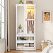 2 Doors Armoire Wardrobe Closet for Bedroom, with Mirror & 2 Drawers & LED Sensor Light, 71 H Wardrobe Closet Cabinet with Hanging Rod, Glass Doors