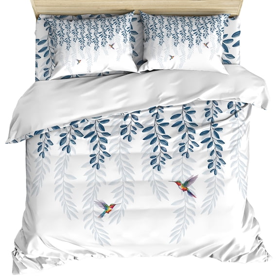 Blue Botanical Duvet Cover Set, Pastoral Spring Floral Summer Birds Soft Duvet Cover Queen Size Bedding Set 4 Pieces, 1 Quiltcover and 2 Pillowcases with Zipper, 1 Bed Sheet for All Seasons