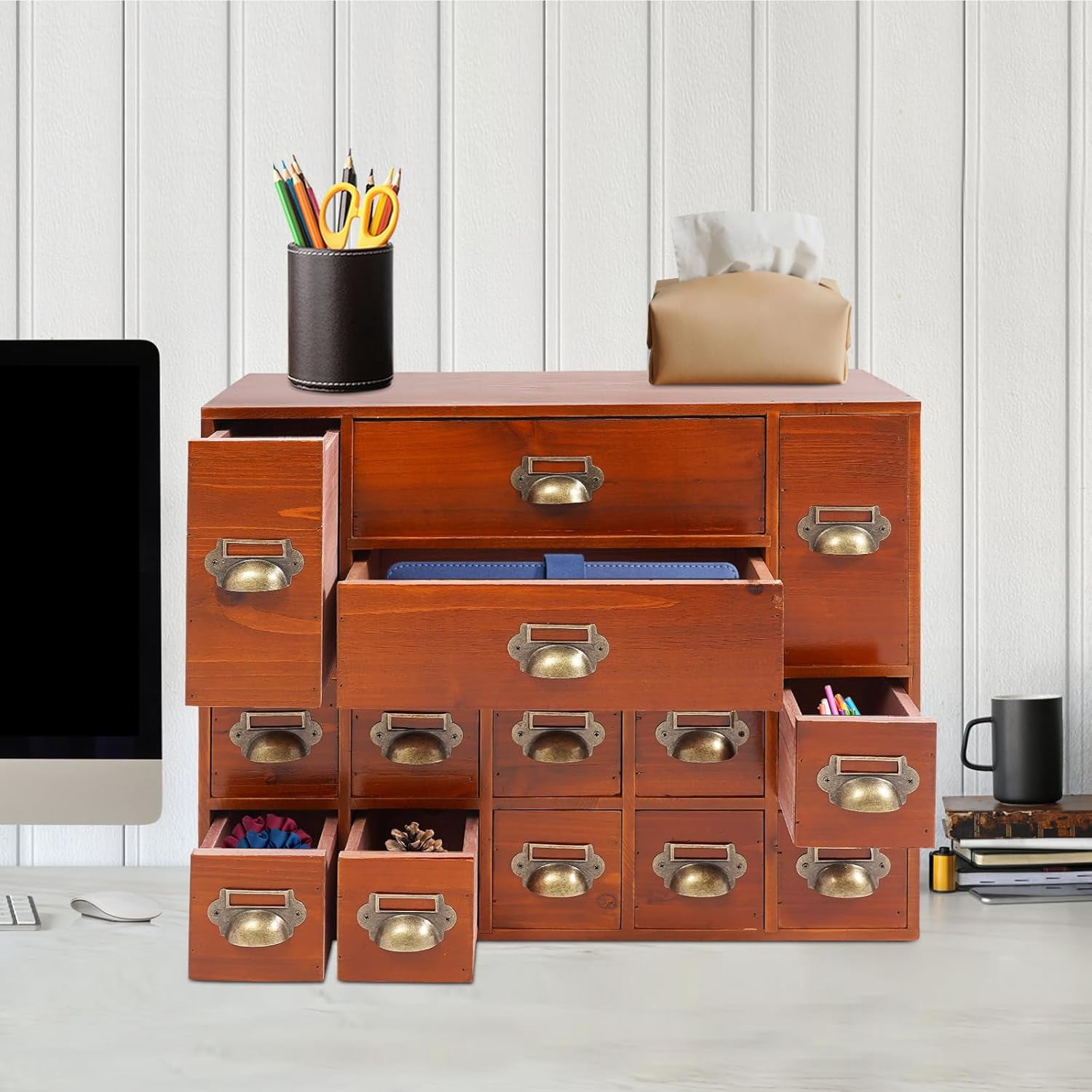 4 Tier Office Desk Organizer with 14 Drawers, Wooden Apothecary Cabinet Desktop Storage Cabinet with Label Boxes, Makeup Organizer Filing Case for Office Bedroom Home, L21*W6.3*H16.7in