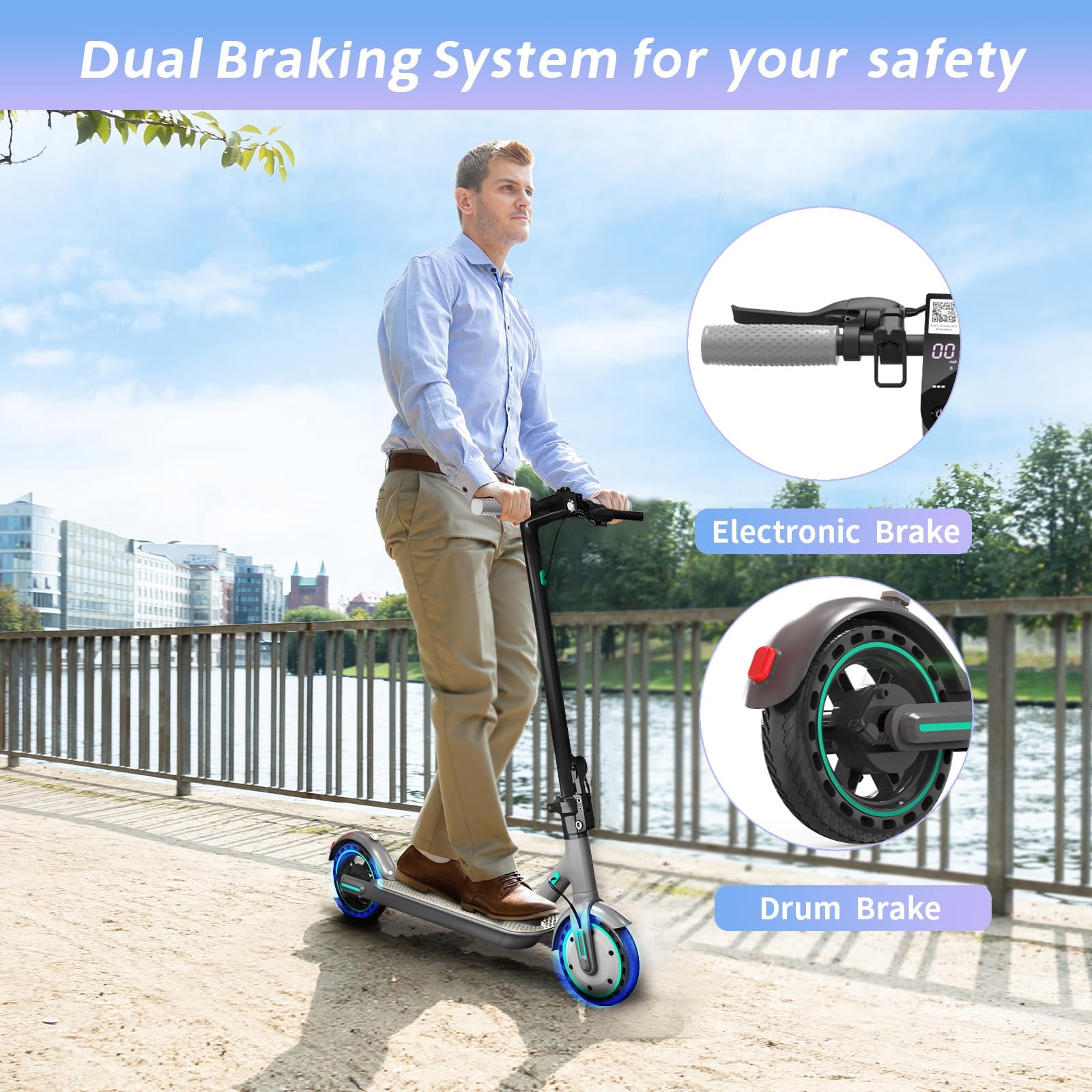 HiQiS Electric Scooter for Adult Teens, 350W Motor & Top 19 MPH, 15 Miles Long Range, 8.5" Solid Tires Lightweight E-Scooter for Commuter Blue