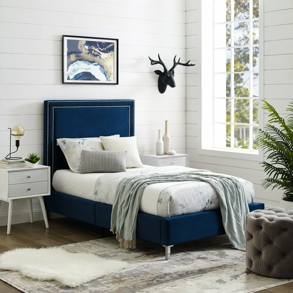 Brynklie Navy Velvet Bed - Nailhead Trim Full