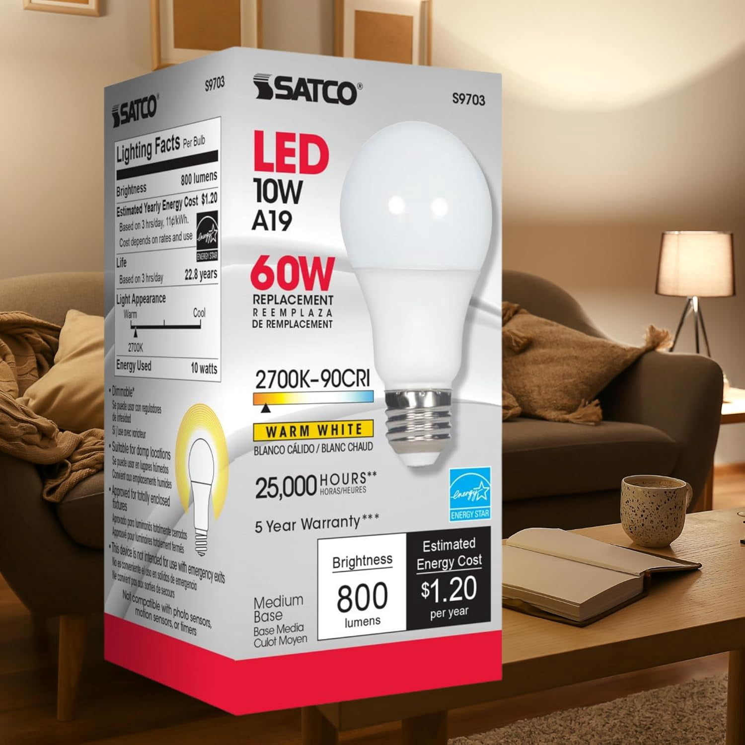 Satco S9703 A19 LED Light Bulbs 10W 120V 90CRI 2700K E26 Medium Base Dimmable (6 Pack)