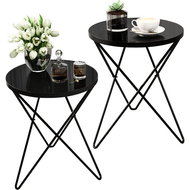 HLR Black Side Table Set of 2, Round Side Table with Black Metal Base