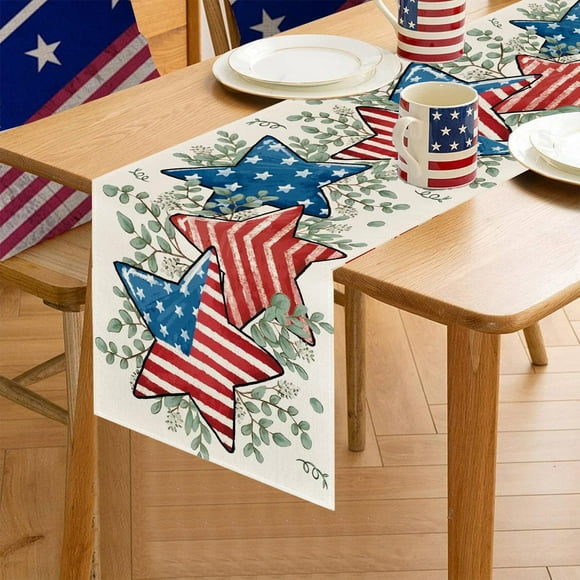 pstuiky Camino de mesa de lino con temática del Día de la Independencia ideal para decoración navideña mantel de cocina sala de estar chimenea armario mantel