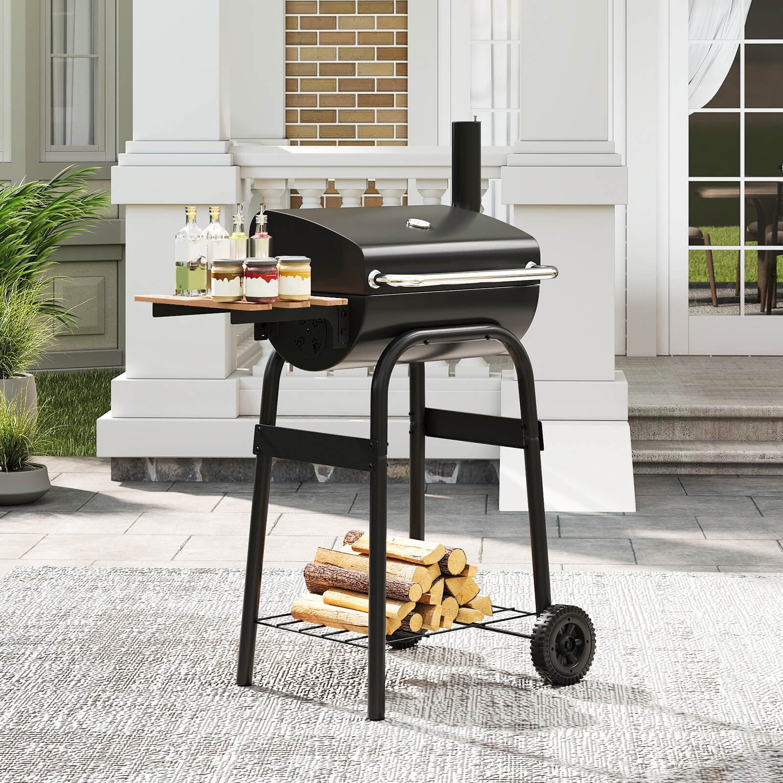Costway Barrel Charcoal Grill with Foldable Side Table Built-in Thermometer & Storage Shelf