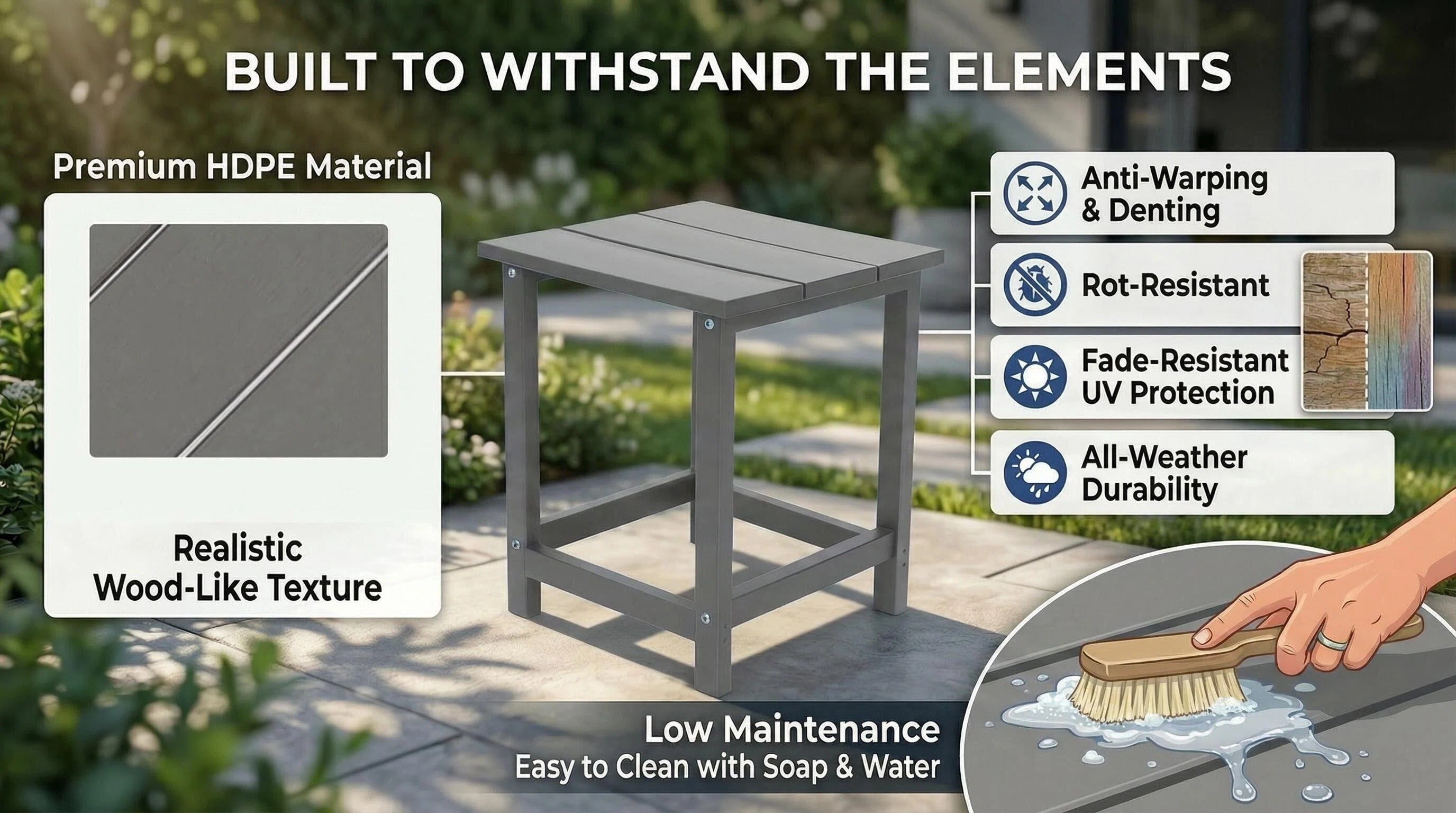 Outdoor Side Table, Patio Side Table, HDPE End Tables for Backyard Pool Porch Garden Lawn