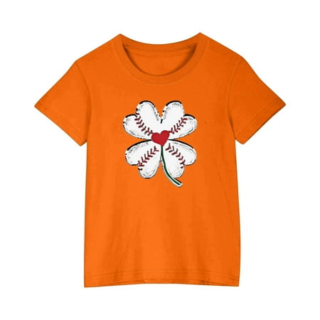 AHTJRT Kids Short Sleeve Shirts Workout Football Baseball Shirts Cartoon Style Flower Ball Printed Top Round Neck Tee Shirt Orange 3 Years