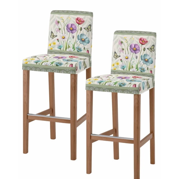 Spring Flowers Bar Stool Covers Set of 2, Retro Boho Botanical Florals Butterfly Stretch Washable Bar Chair Covers with Backs, Removable Pub Counter Height Chair Cover for Kitchen Dining Room Cafe
