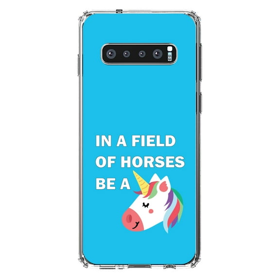 DistinctInk Clear Shockproof Hybrid Case for Samsung Galaxy S10 (6.1" Screen) - TPU Bumper, Acrylic Back, Tempered Glass Screen Protector - In a Field of Horses, Be a Unicorn - Blue