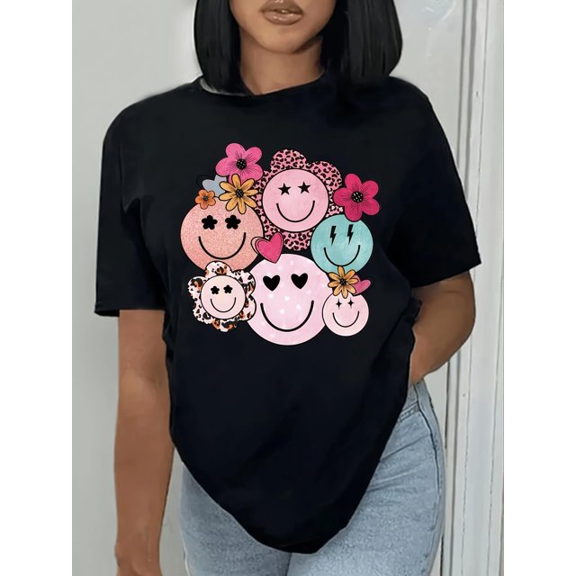 Smiling Face Print Short Sleeve T-shirt, Casual Crew Neck Top For Spring & Summer, Women's Clothing Tee For Adult, Men, Women, Teen, Teenager, Adolescent, Youth