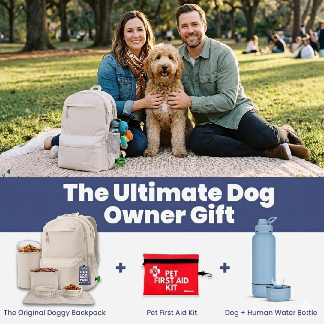 Dog Travel Bag for Supplies - Backpack with 2 Collapsible Dog Bowls, Food Bag, Treat Pouch: Beige