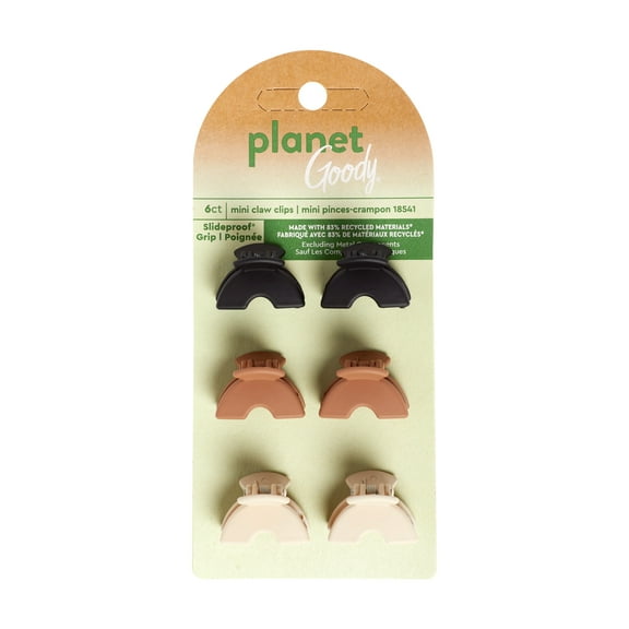 Planet Goody Slide Proof Mini Recycled Claw Clips, All Ages, Neutral Assorted Colors, 6 Ct
