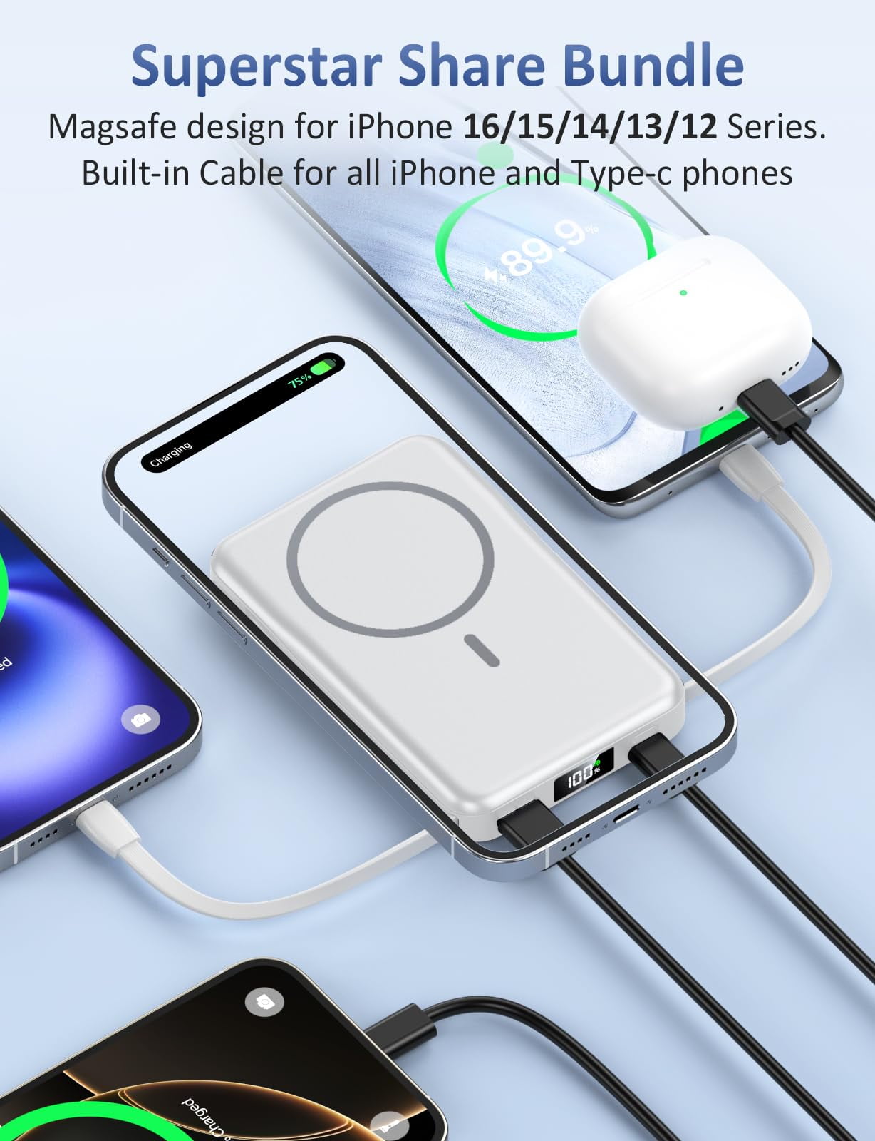 Magnetic Portable Charger, 10000mAh Power Bank, 5 in 1 Portable Charger with Built in Cable, 20W Fast Charging for Battery Pack Compatible with iPhone 17/16/15/14/13,Samsung Series