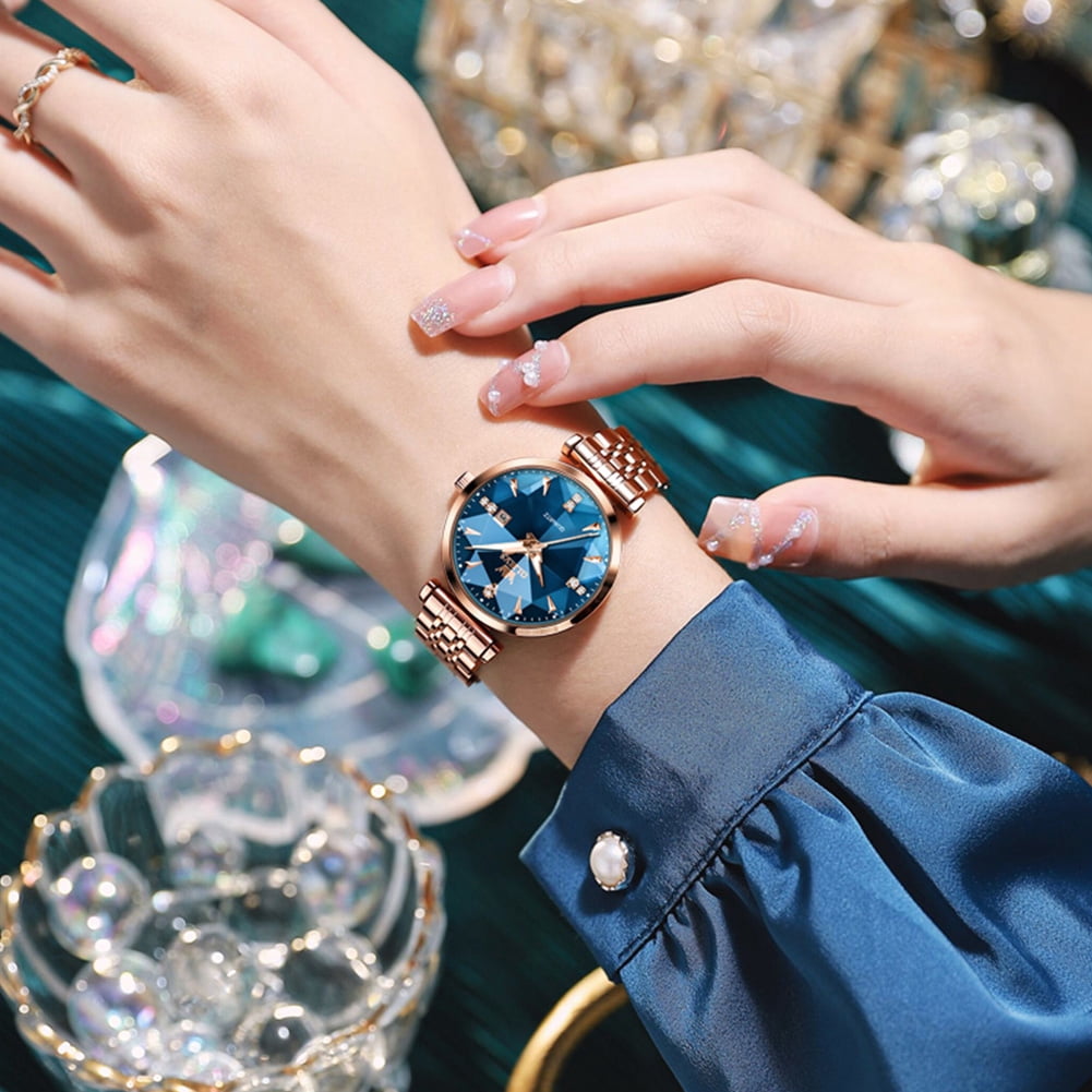 OLEVS Women Watch Fashion Rose Gold Diamond Analog Quartz Female Watch for Women Luxury Dress Ladies Stainless Steel Luminous Waterproof Date Wrist Watches Blue Dial