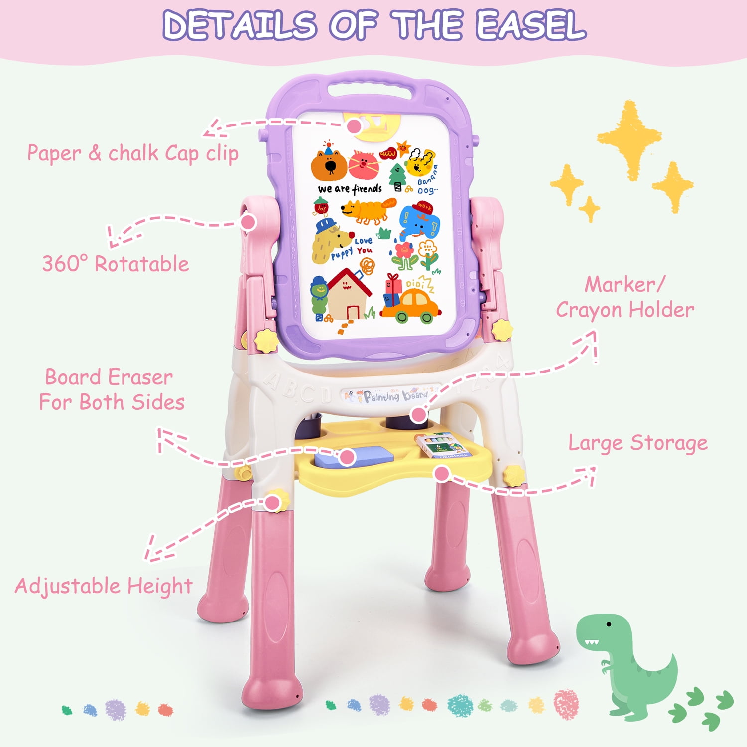 Xueyu Easel for Kids, 26.8"-34.6" Adjustable Plastic Standing Art Easel with Chalkboard, Chalk, Markers, Eraser, Clips