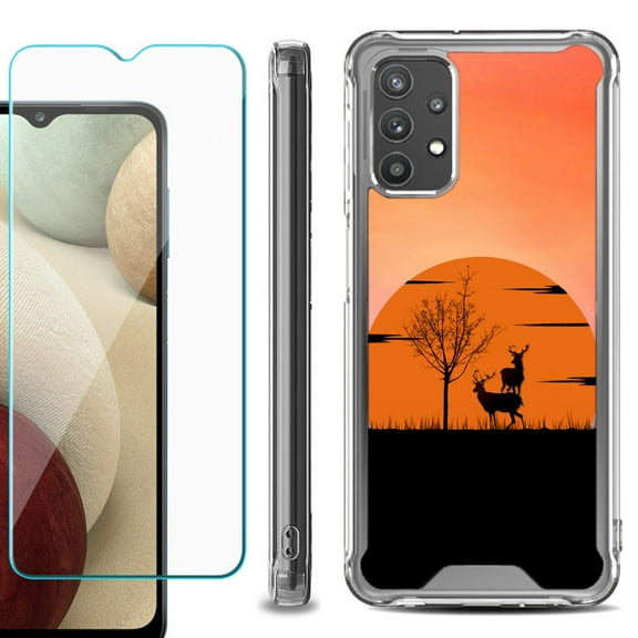 Shockproof Bumper Phone Case for Samsung Galaxy A32 5G, with Tempered Glass Screen Protector, by OneToughShield ® - Sunset Deer