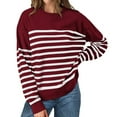 thumbnail image 2 of Sweatshirts for Women Fall Relaxed Fit Crewneck Long-sleeved Bubble Cuff Drop Shoulder Striped Leisure Cotton Pullover Pullovers(Wine,L), 2 of 7
