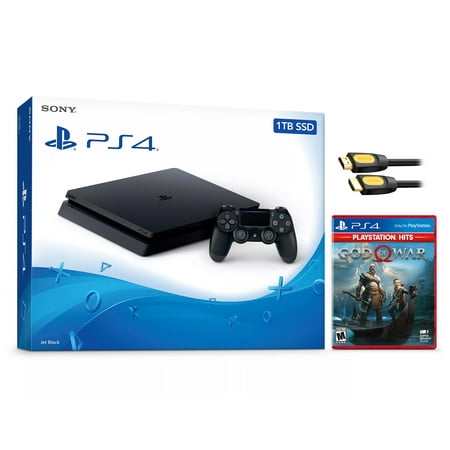 Sony PlayStation 4 Slim God of War PlayStation Hits Bundle Upgrade 1TB SSD PS4 Gaming Console, Jet Black, with Mytrix High Speed HDMI - Internal Fast Solid State Drive Enhanced PS4 Console