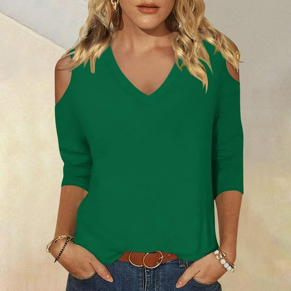 CQONEPT Womens Cold Shoulder Shirts V Neck Casual 3/4 Sleeve Blouse Going Out Fashion Pullover Tops Green M