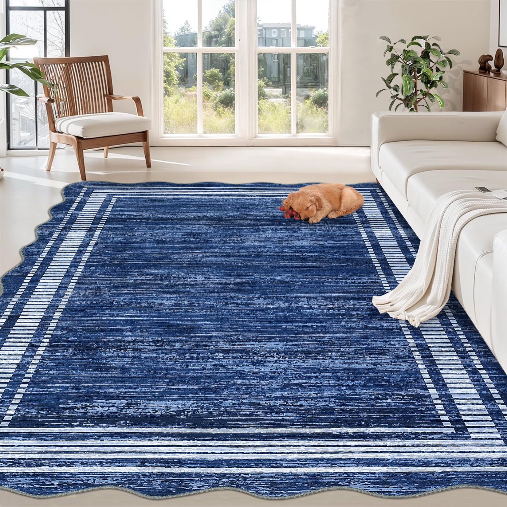 FairOnly Navy Blue 10'x13'Modern Machine Washable Plain Area Rug with Ruffled Border Non Slip Soft Carpet for Living Room Kitchen Entrance