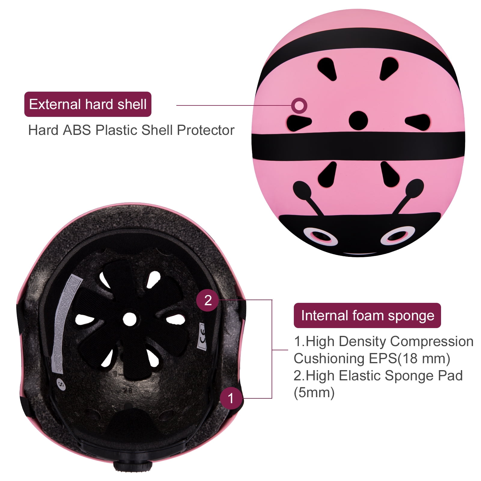 Wdmiya Kids Helmet, Toddler Bike Helmet, Baby Multi-Sport Adjustable Skateboard Helmet for Kids Boys Girls gifts Helmet for Age 2+, Pink Bee, S