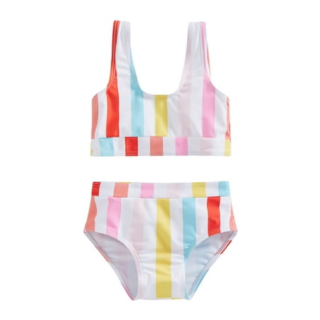 

Kids Girl s Summer Bikini Set2Pcs Toddler Rainbow Stripe Print U-Neck Vest and High Waist Triangle Shorts Swimsuit