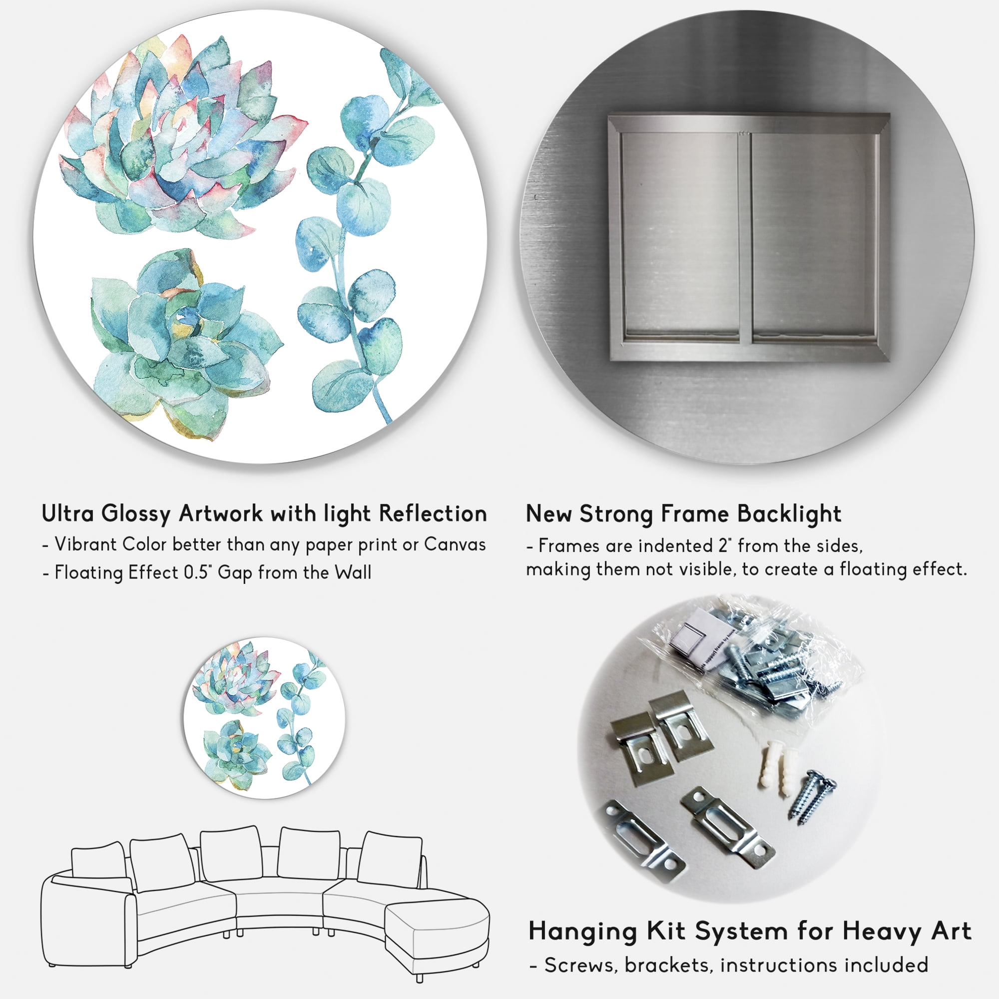Designart 'Succulents and Eucalyptus Leaves' Traditional Circle Metal Wall Art 11x11 - Disc of 11