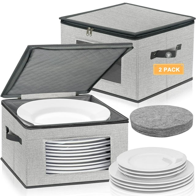 China Storage Containers, 12 Inch Dinner Plate Dish Storage Containers, Hard Shell Quilted Dinnerware Storage Box Case with Lids and Felt Protectors for Dishes Plates Storage and Moving