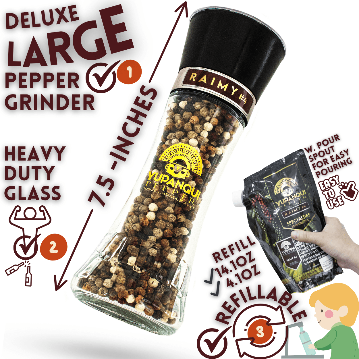 Yupanqui Gourmet Peppercorn Medley Grinder 3.5oz, RAIMY Vegan Flavor Rainbow Peppercorns Organic