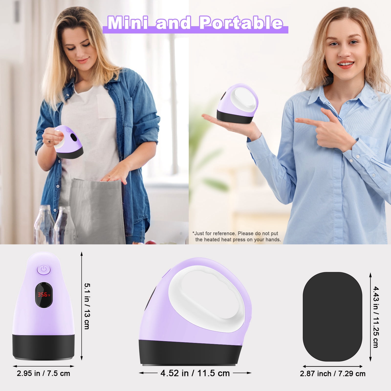 Mini Heat Press Machine, Mini Heat Transfer Iron, 3 Settings Levels & Visible Temp, Portable Press Easy for Crafts, T-Shirt, Hats, Shoes, Bags, Cap and Small Vinyl Projects (Purple)