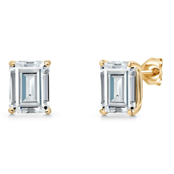 Gem Stone King 14K Yellow Gold White Moissanite Double Notch Stud Earrings | 5.04 Cttw | Gemstone Birthstone | Emerald Cut 9X7MM | Basket Setting | Gold Earrings for Women Men