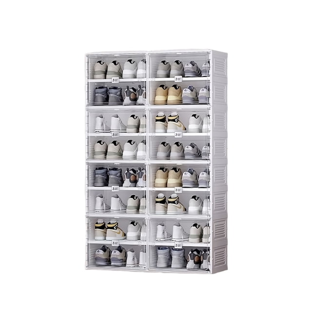 Intexca Shoe Box with Magnetic Door, 8-Tier Portable Storage Organizer (16 Mid Grids - Clear Door)