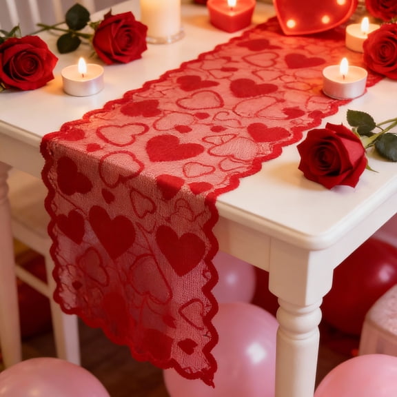 Valentine’s Day Lace Table Runner 30x180cm (11.8x70.8in), Red Heart Print, Romantic Dining Table Decor