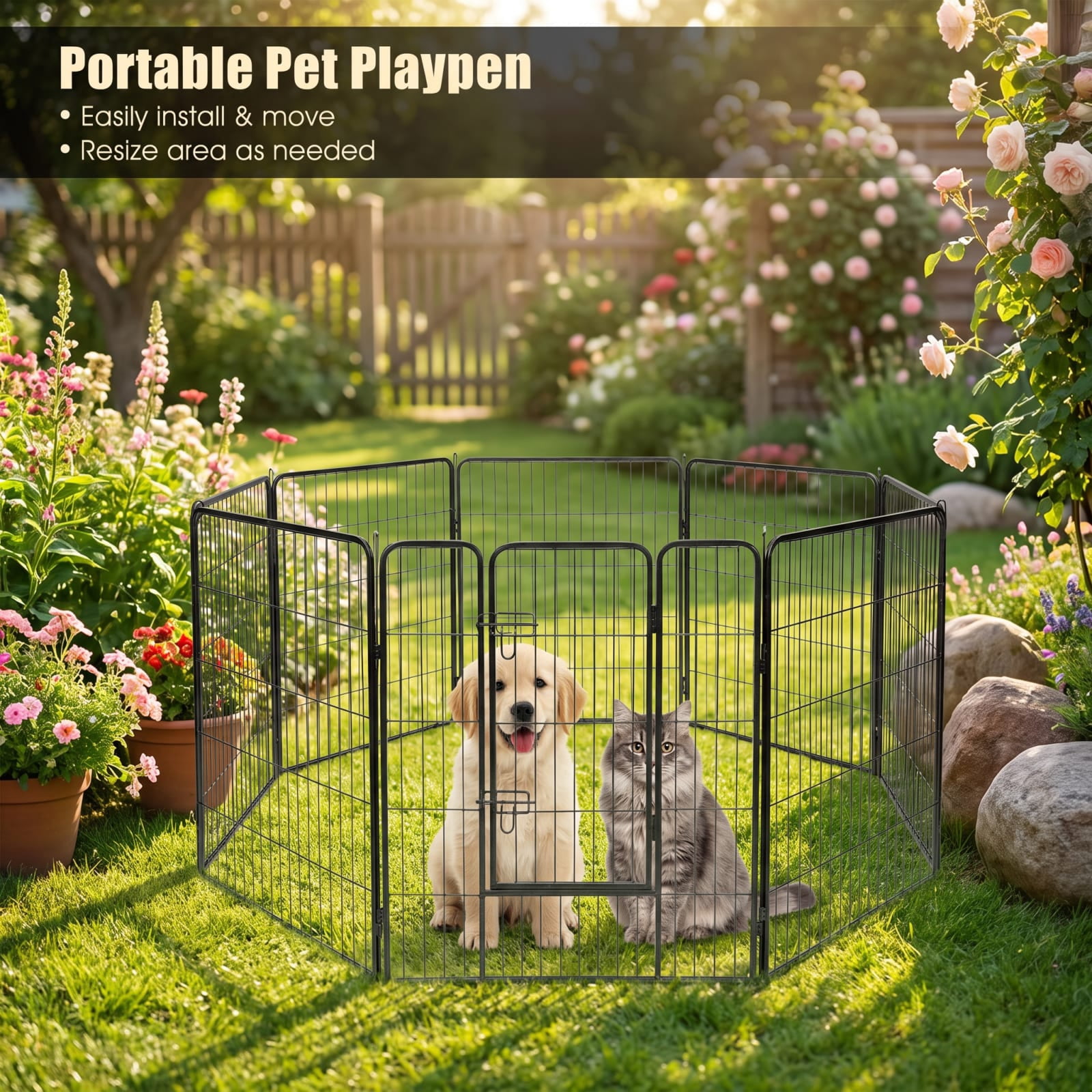 Vebreda Dog Playpen, 8 Metal Panel Heavy Duty Pet Playpen Dog Fence with Door, Heavy-Duty Dog Playpen, Changeable Shape, Added Secure Design