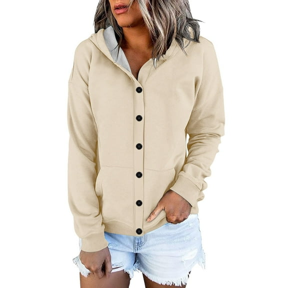 Lightweight Hoodies for Women, Yigetop Women's Long Sleeved Loose Casual Button Pocket Cardigan Hoodie Sweatshirt Jacket Beige L
