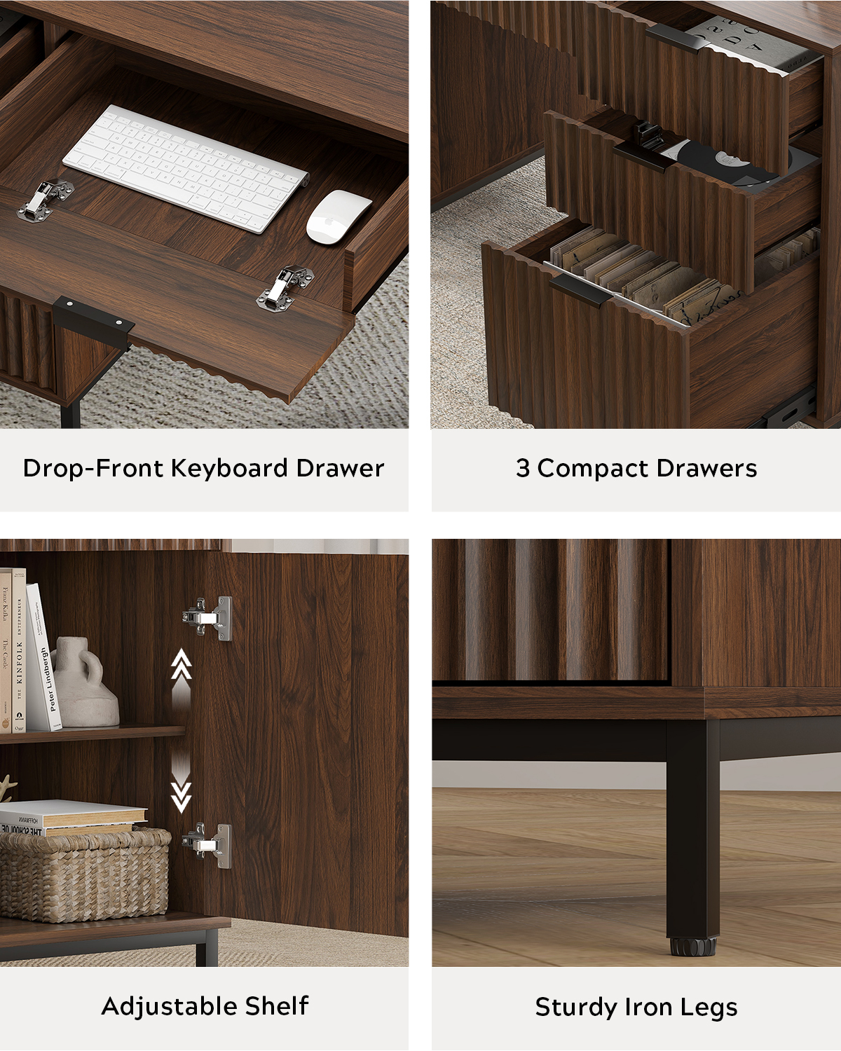 EYYTHUNG 55" Fluted Executive Desk, Modern Wood Computer Writing Desk Home Office Desk with Charging Station, Keyboard Tray, Brown