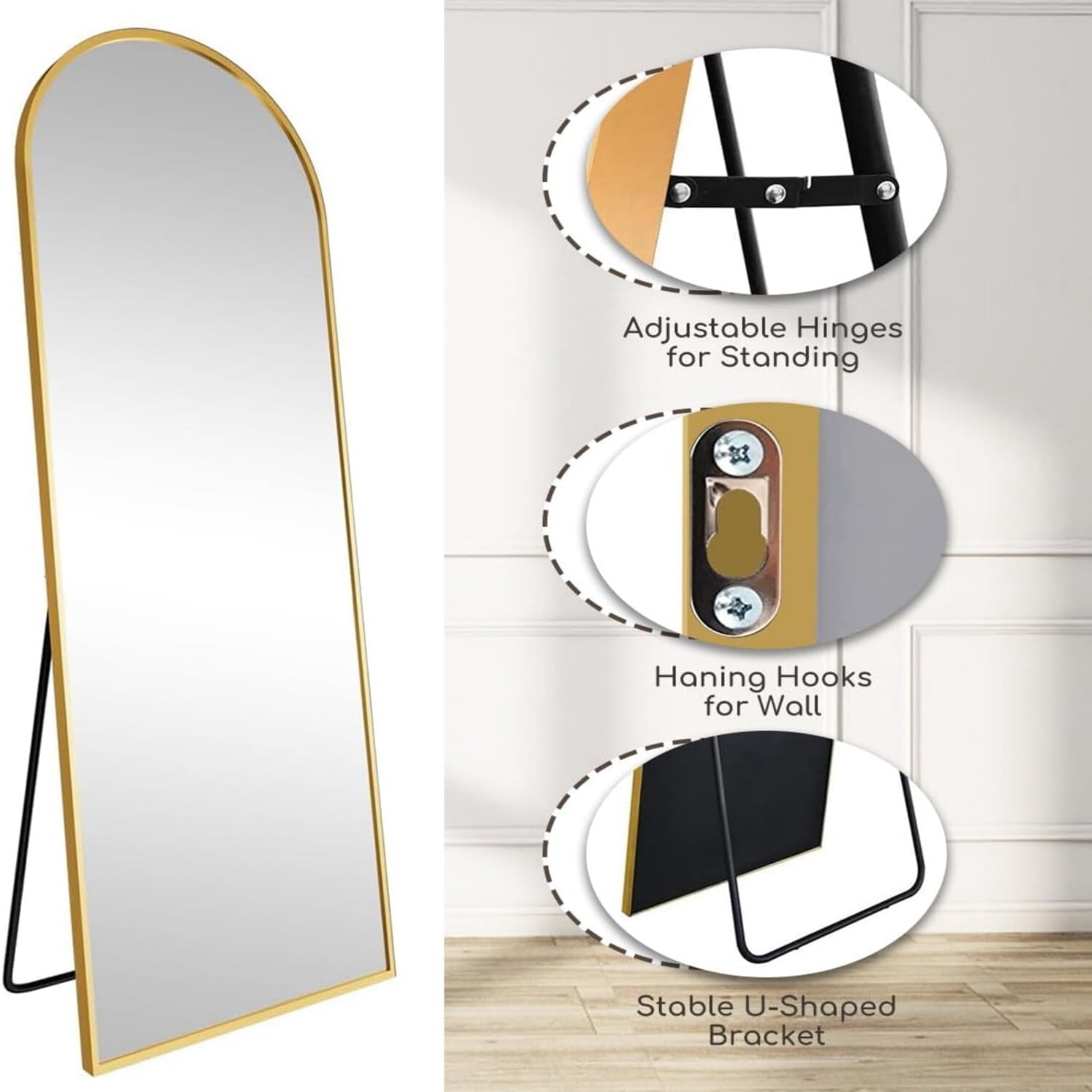 Easy4Home 64"x21" Arched Full Length Mirror Freestading Full Body Floor Mirror, Gold