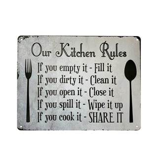 AuldHome Design-Enamelware Kitchen Rules Sign, Wall Plaque White