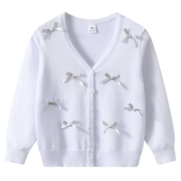 SGFCWSX Girls Cardigan Sweater V Neck Button Front Bow Cozy Long Sleeve Sweaters for Kids White Size 5T