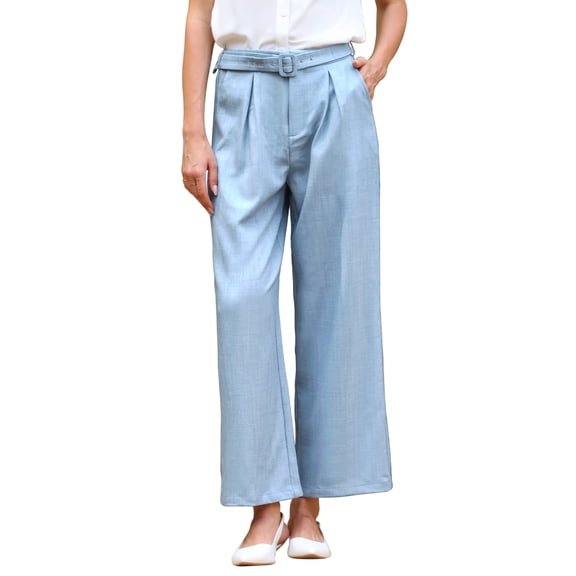 INSPIRE CHIC Women's Work Pant Wide Leg Belted Business Casual Straight Long Trousers S Blue