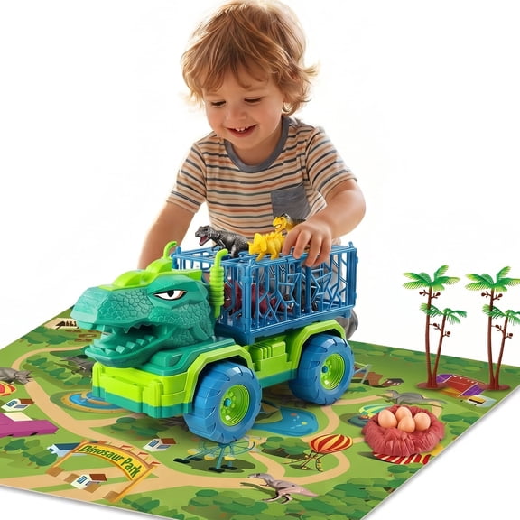 Lucky Doug Dinosaur Truck Toys for Boys Age 3-6, Tyrannsaurus Truck Toy with Dino Figures, Large Activity Play Mat, Dinosaur Eggs, Dinosaur Transporter Play Set for Kid Boys Age 3-6-8