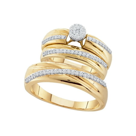 10kt Yellow Gold His & Hers Round Diamond Cluster Matching Bridal Wedding Ring Band Set (.38 cttw.)