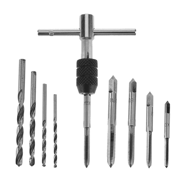 Juego Machos Roscar Mano 9 Piezas Escariador M3/M4/M5/M6 + Brocas Helicoidales Herramienta Llave