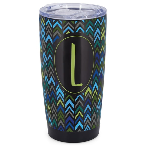 Elanze Designs L Monogram Herringbone Arrows Wrap-Around Design 20 Ounce Stainless Steel On-The-Go Coffee Mug, Thermal Travel Tumbler with Leak Resistant Slide Lid, Sleek Black