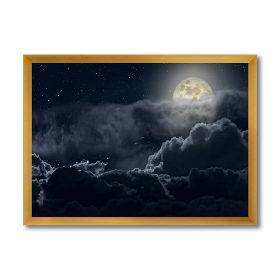 Designart 'Cloudy Full Moon Night With Stars' Nautical & Coastal Framed Art Print