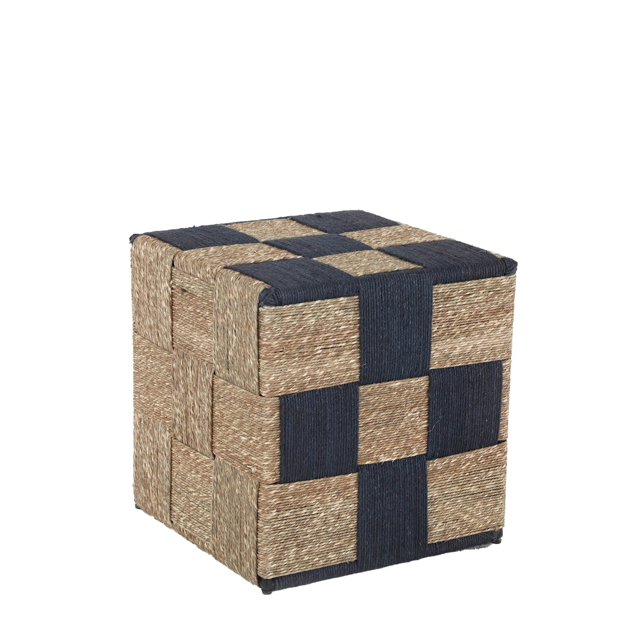 Ox Bay Eros Transitional Wrought Iron Hand Made Indoor Square Stool, Blue/Natural, 17" W x 17" D x 18" H