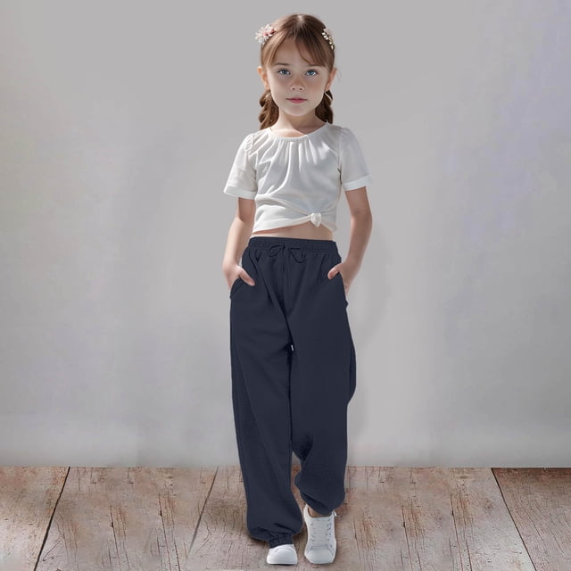 PMVFHDE Kids Pants Medium And Large Children Casual Girls Solid Color Drawstring Sweatpants,Navy,5-6 Years