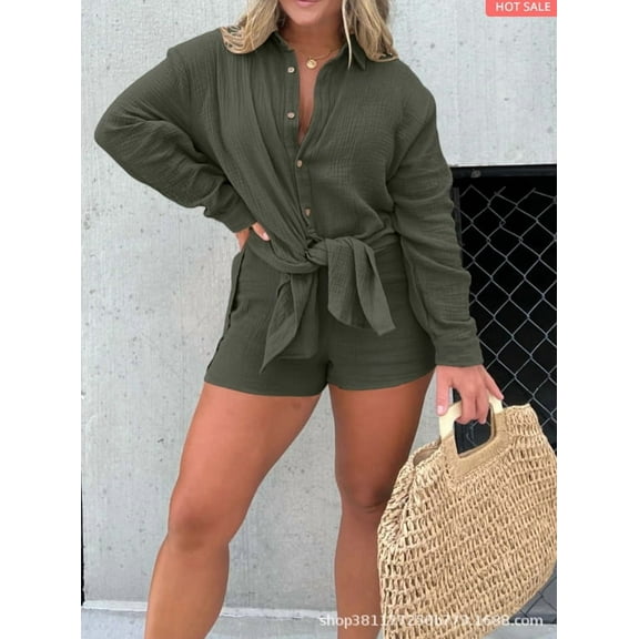Elegant Women'S Long Sleeve Shirt And High-Waisted Shorts Two-Piece Set For Casual Fashion In The Latest Style. Perfect For A Chic Look.