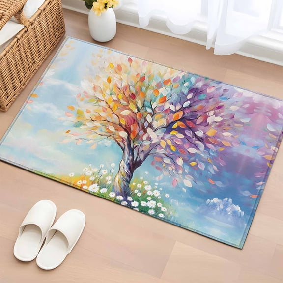 Non-Slip Rug Pad Rugs Impressionist Rainbow Tree with Daisies Rectangle Area Rugs 2x3Ft Soft Carpet Pads for Living Room Kids Room, Pastel Landscape